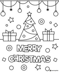 Christmas Card Coloring Page with Tree and Hanging Ornaments