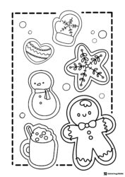 Christmas Cookie Cutouts Coloring Page with Cocoa and Mittens
