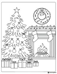 Christmas Fireplace Coloring Page with Tree and Stockings
