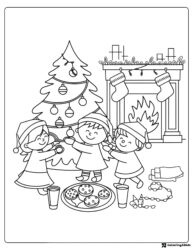 Christmas Kids Coloring Page with Tree and Fireplace Treats