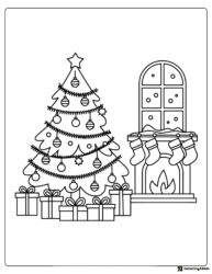 Christmas Living Room Coloring Page with Tree and Fireplace