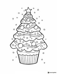 Christmas Tree Cupcake Coloring Page with Frosted Layers