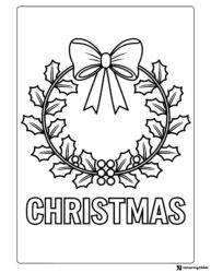 Christmas Wreath Coloring Page with Bow and Holly Leaves