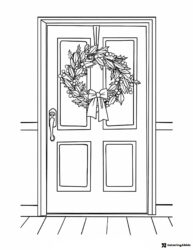 Christmas Wreath Coloring Page with Bow on Front Door
