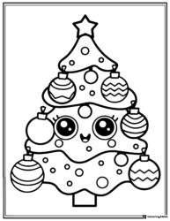Cute Christmas Tree Coloring Page with Smiling Face and Ornaments