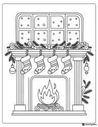 Fireplace Coloring Page with Stockings and Window Garland