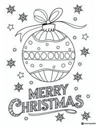 Merry Christmas Ornament Coloring Page with Stars and Ribbon