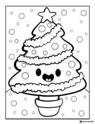 Smiling Christmas Tree Coloring Page with Snowy Background