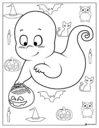 Smiling Ghost Coloring Page with Trick or Treat Pail and Icons