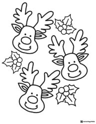 Smiling Reindeer Faces Coloring Page with Holly Sprigs