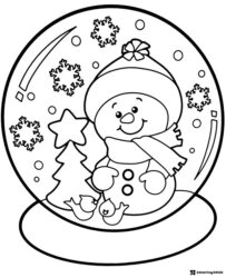 Snow Globe Coloring Page with Smiling Snowman and Falling Snowflakes