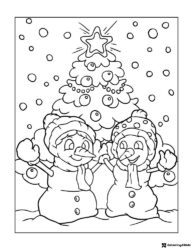 Snowman Pair Coloring Page with Decorated Tree and Snowfall