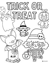 Trick or Treat Characters Coloring Page with Ghost Cat and Bat